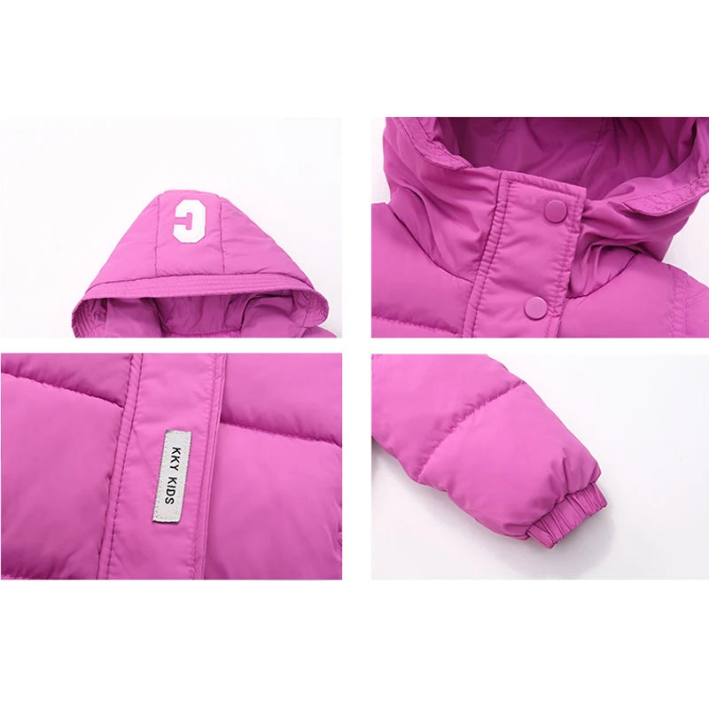 2024 Winter Teen Girls Jacket Long Solid Color Letter Print Thick Keep Warm Hooded Coat For 3-10Y Kids Down Cotton Snow Clothes