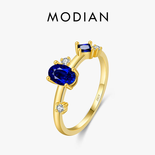 MODIAN 925 Sterling Silver Irregular Royal Blue CZ Finger Ring Vintage Gold Color Party Ring For Women Vacation Jewelry Gift