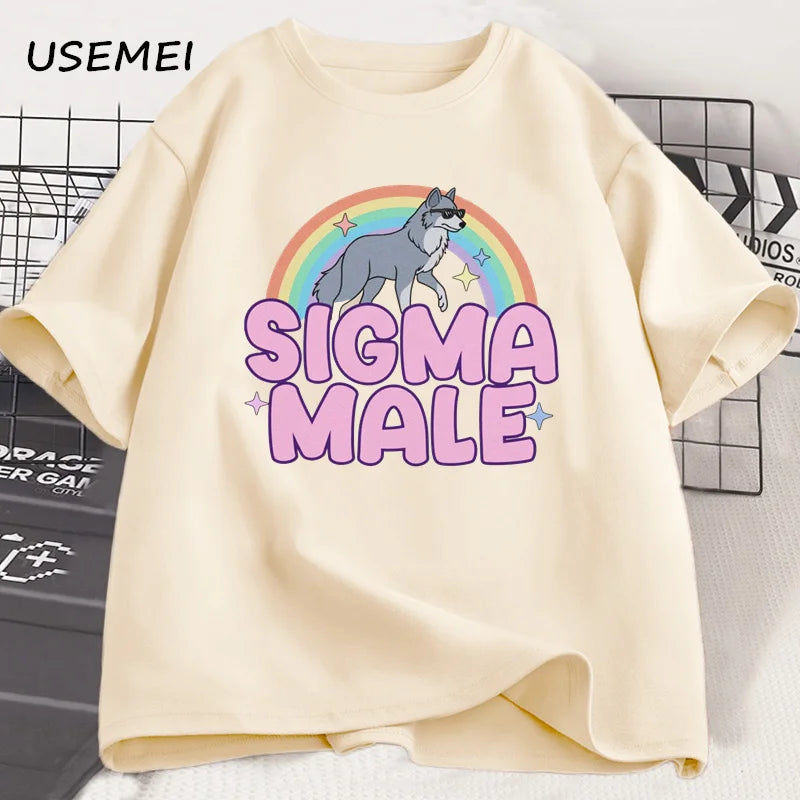 Sigma Male Lone Wolf T Shirt Funny Weird Rainbow Wolf Graphic Tee Men Women Casual Trendy Loose T-shirt Men's Clothing