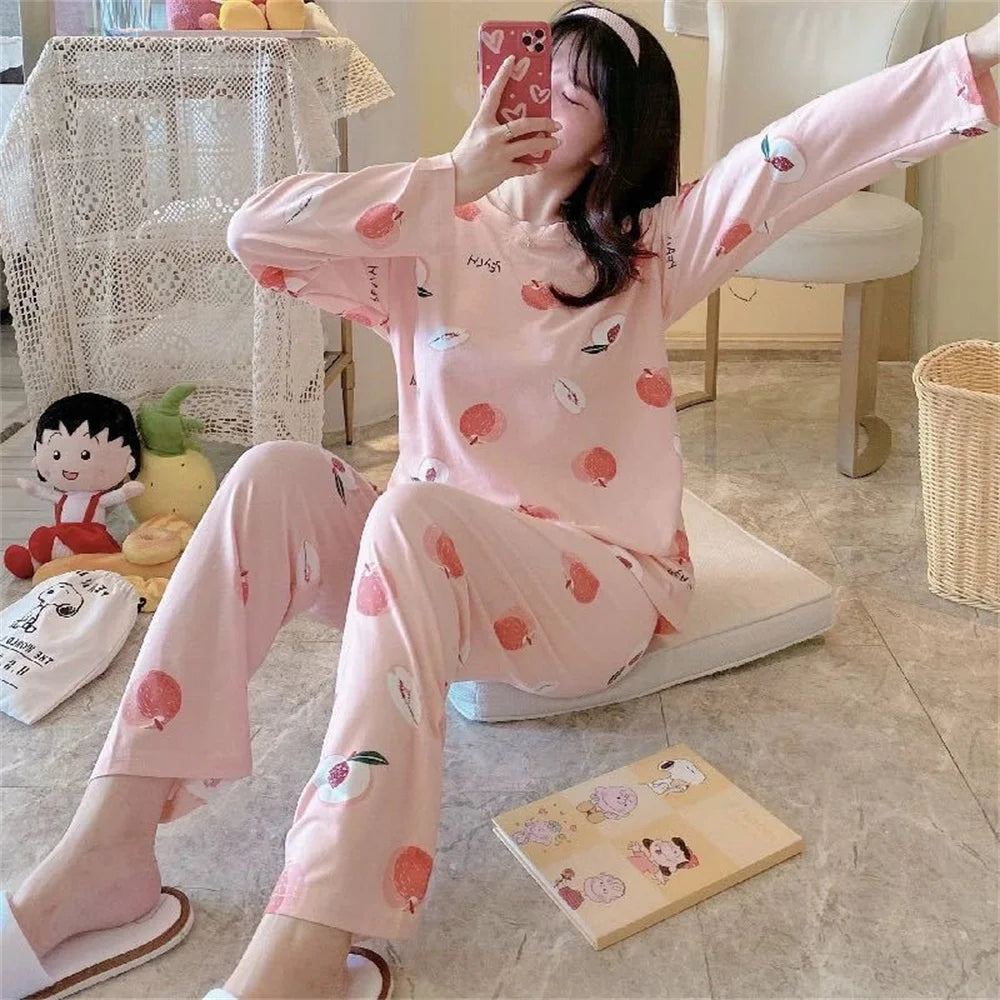 2PCS/Set Women's Clothes Spring and Fall Pajamas Long-Sleeved Cartoon Cute Sweet Floral Young Girl Homewear Outside Loungewear