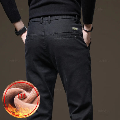 Brand Clothing Winter Fleece Warm Casual Pants Men Cotton Elastic Waist Brown Grey Twill Work Slim Flocking Cargo Trousers Male