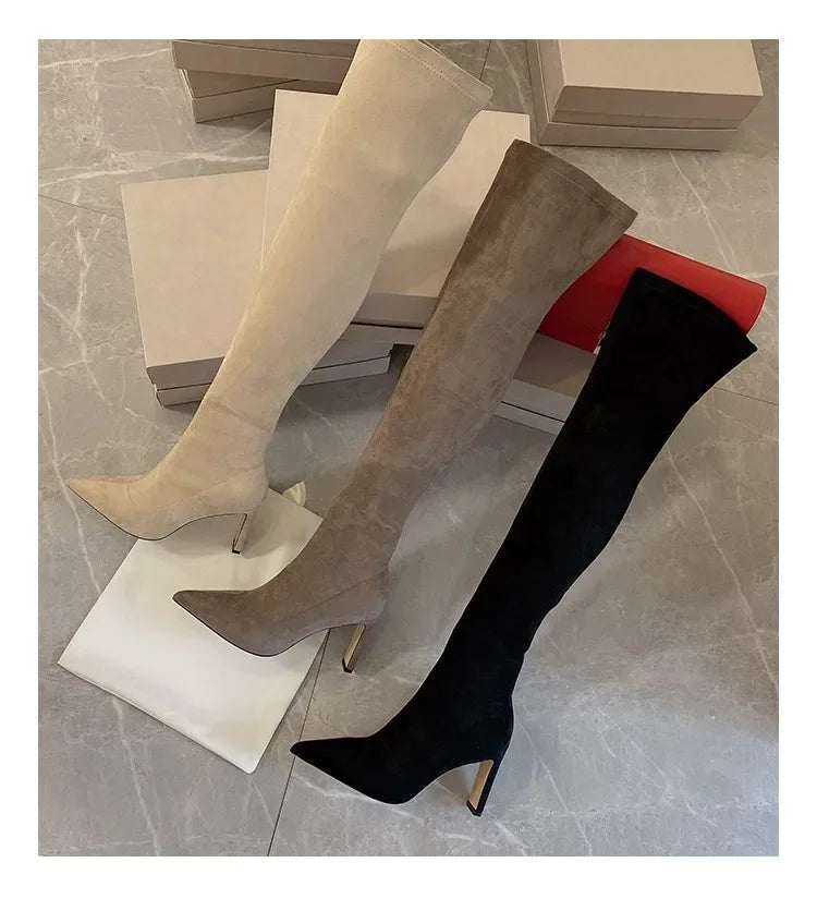 2024 Autumn and Winter New Over Knee Elastic Boots Women's High Heeled Pointed Knee Boots Slim And Versatile Boots