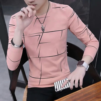 Tees T Shirt Men Autumn Winter Men Long Sleeve T-shirt Stripe Shirt New Tshirt T Shirts O-Neck Casual Pink White Black Tops