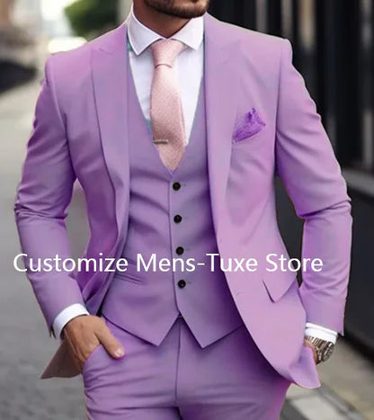 Pink Luxury Men's Suits Terno Formal Outfits 3 Piece Jacket Pants With Vest Slim Fit Luxury Costume Homme Formal Occasion Terno