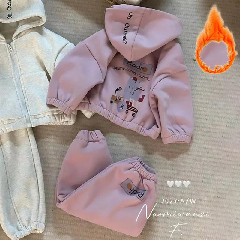 Children's Fleece Suit Tracksuit Set for Boy Girl Baby Clothes Fall  Sweatshirt Cartoon Bear Print Zipper Hoodie Pants Sportwear