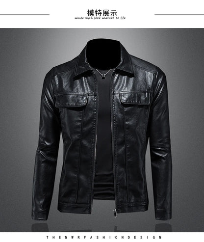 Men's Jacket Spring and Autumn Handsome Solid Color Collar Motorcycle Leather Coat Slim Fashion Leather Jacket M-5XL