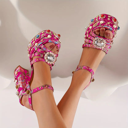 Slingback Sandals With Faux Pearl Accent - Women's Vintage Print, Ankle Buckle Strap, Block Heel Design - Ideal For Part