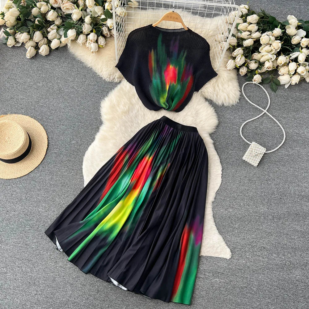 New Summer Runway Pleats Floral Print Two Piece Set Women Half High Collar Stretch Top+Elastic Waist Long Pleated Skirt Outfits