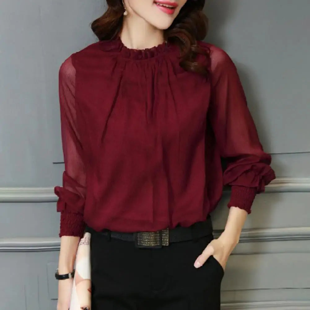 Chiffon Shirt Perspective Net Mesh Sleeve Elastic Cuffs Women Shirt Elegant Ruffle Collar Solid Color