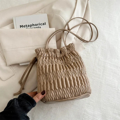 Silver Pleated Drawstring Shoulder Bucket Bags Women Designer Soft PU Leather Small Handbags Female Casual Purse Underarm Bag