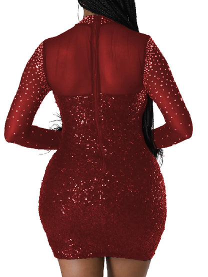 Sexy see through black sequin bodycon dress women mini evening dresses Long sleeve rhinestone Club birthday party dress vestidos