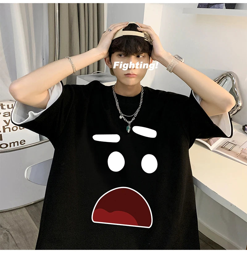 Men's Cotton Oversized T-shirts 5XL Mens T Shirt Casual Summer Wear Emote Fashion Print White Tee Shirts for Men Clothing