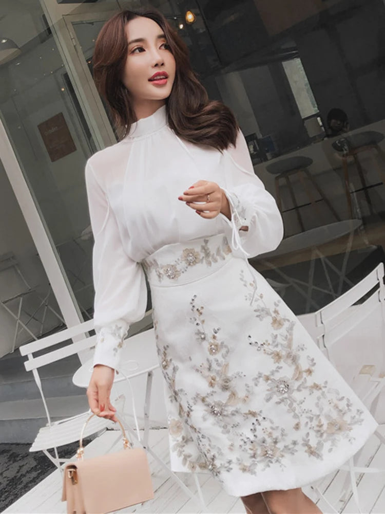 TWOTWINSTYLE Embroidery Two Piece Sets For Women Stand Collar Lantern Sleeve Shirt High Waist A Line Skirt Vintage Set Female