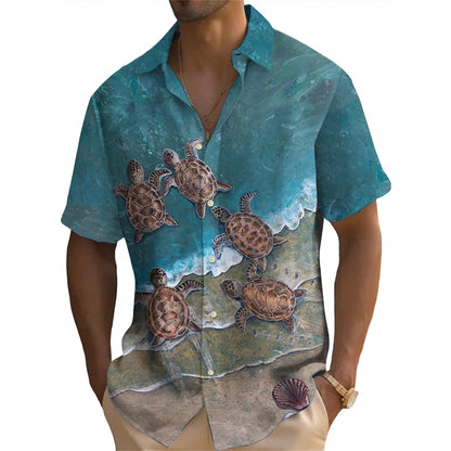 Summer Fashion Retro Ocean Animals Turtle Print Men's Short Sleeve Shirt Street Casual Daily Oversized Men Shirts Oversized Tops