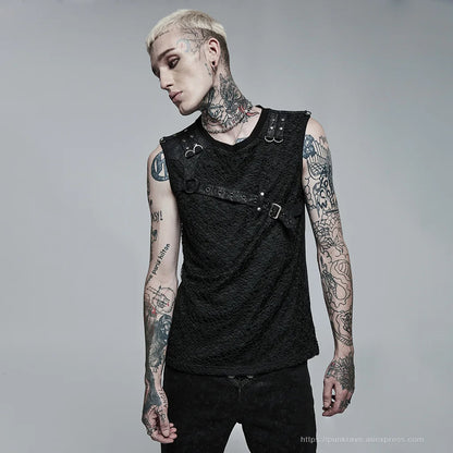 PUNK RAVE Men's Punk Style Daily Stylish Mesh V-neck Short Sleeve T-shirt Men Tank Casual Tops Spring and Summer Tees