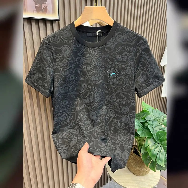 Tops Embroidery Men's T-shirt Black Drawings Male Tees Shirts Motorcycle 5xl Aesthetic Clothing Short Quarter Sleeve Hot Stylish