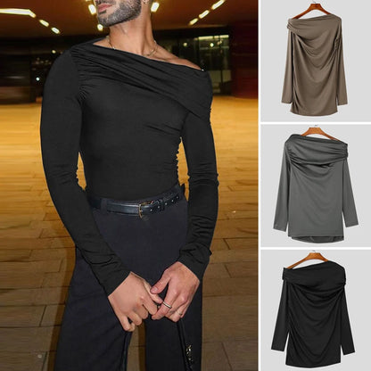 Stylish Sexy Style Tops INCERUN Men's Sloping Shoulder Collar T-shirts Personality Male Solid Color Long Sleeved Camiseta S-5XL