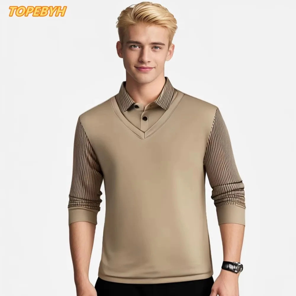 2025 Two Fake Collar Mens Daily Casual Tee Long Sleeve Sweatershirt  Pullover Tops Lapel Polo Tee