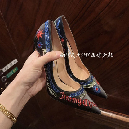 Spring and autumn new pointed shallow rhinestone embroidered single shoes thin high-heeled banquet dress small size women's shoe