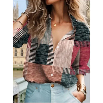 Spring Summer New Women shirt 3D Grid Fashion Print For Women Loose Long Sleeved Blouse Casual style Women's shirt Tops