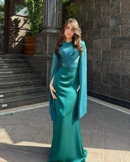 2024 New Women Fashionable Elegant Round Neck Bat Sleeve Waist Strap Dress Sexy Slimming Glass Yarn Large Skirt Satin Long Dress