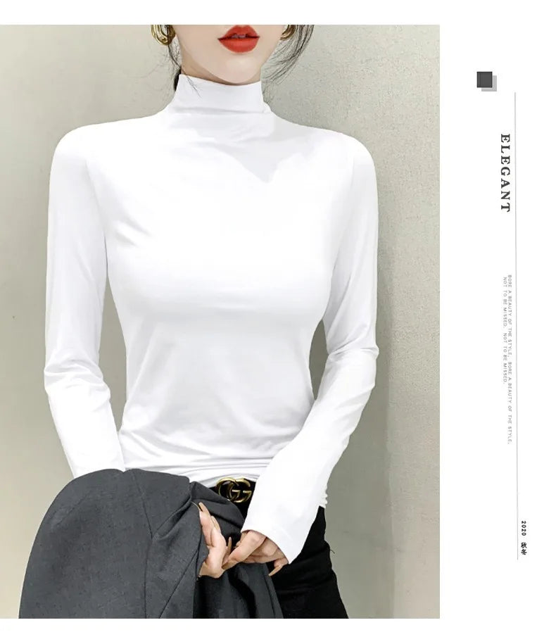 Black Turtleneck T-shirt Long Sleeve Tops Women Y2k Clothes Autumn Winter Korean Fashion Modal Elegant T-shirts for Women 2024