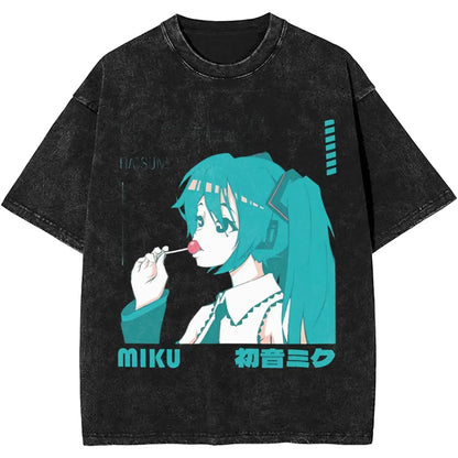 Man T-Shirt Vocaloid Hatsune Miku Washed T Shirts Novelty Summer Tee Shirt Street Style Print Cotton Clothes New Arrival