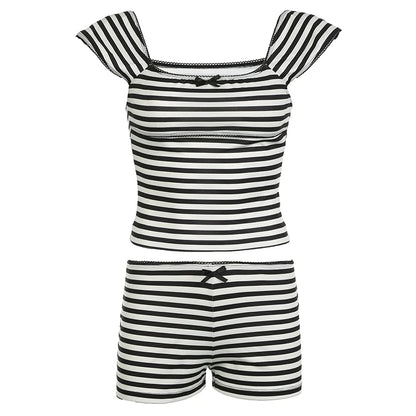 Cuteandpsycho Striped Print Y2K Two Pieces of Sets Vintage Cute Bow Aesthetic Tank Top and Low Waist Shorts Harajuku Fashion Set