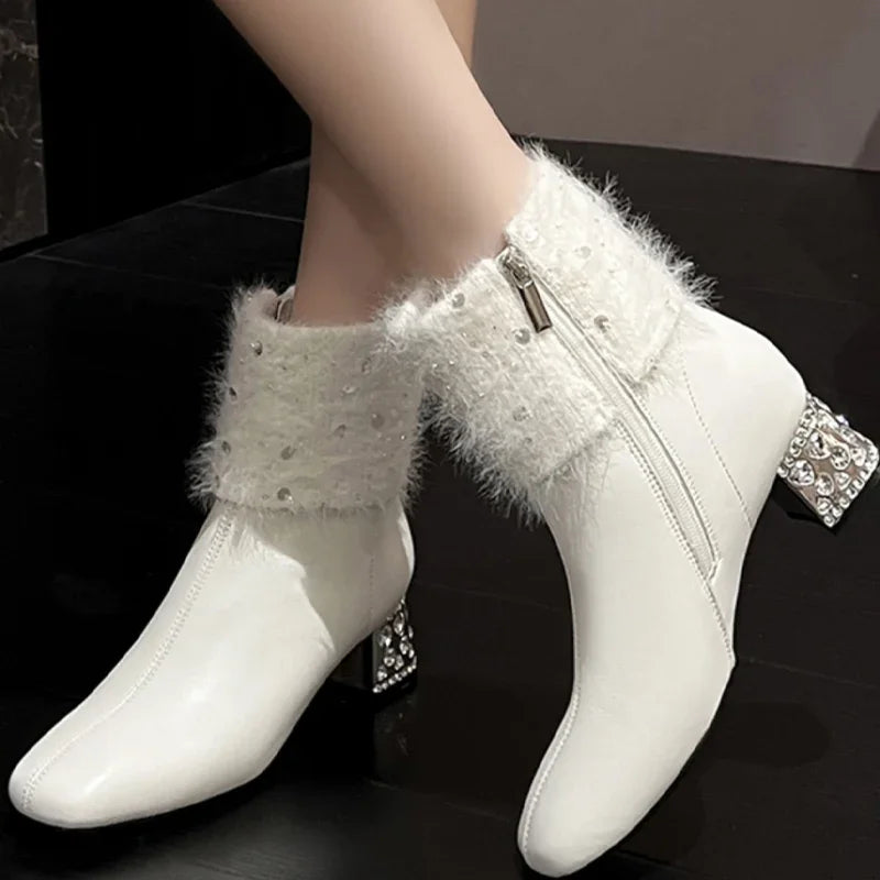 Women Ankle Boots Crystal Fur Leather High Heels Shoes Woman 2025 Trend Pointed Toe Chunky Fashion Elegant Winter Botas De Mujer