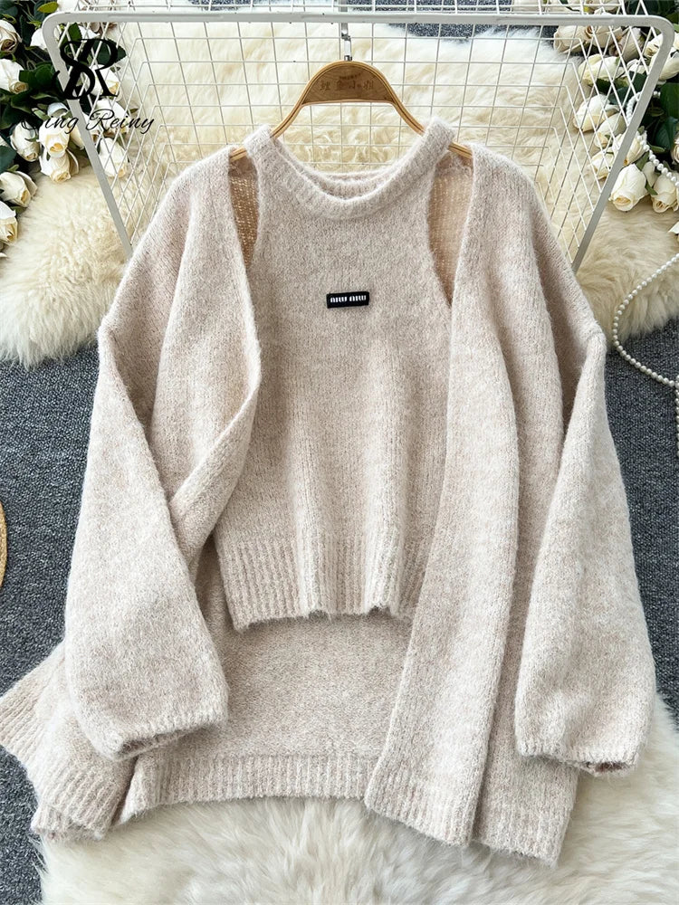 SINGREINY Fashion Solid Cashmere Sweater Long Sleeves Loose Warm Cardigan+Sleeveless Knitting Tank Top Winter Gentle Casual Tops