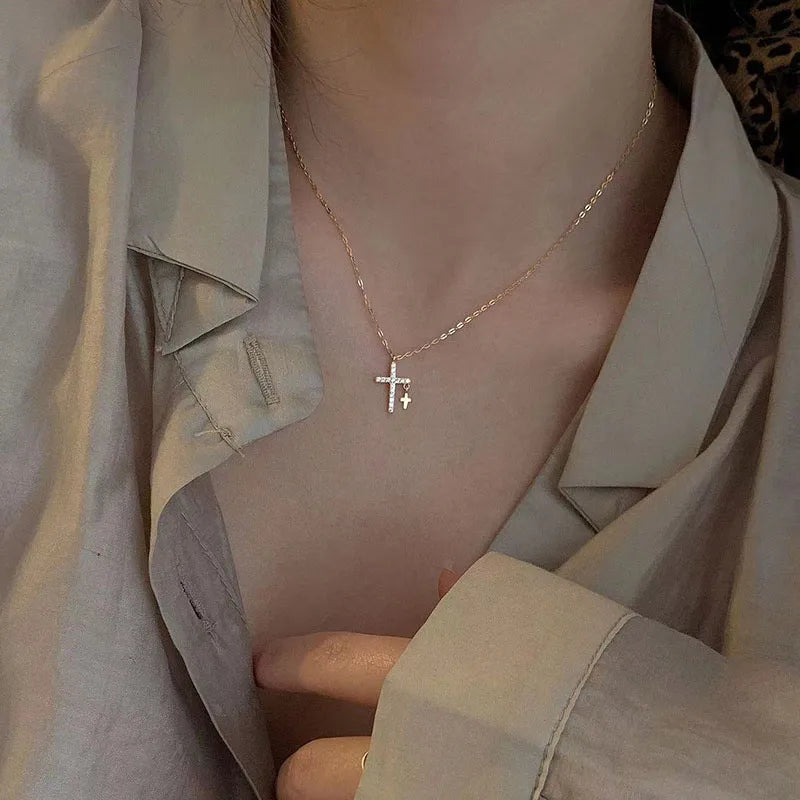 Classic 925 Sterling Silver Cross Necklace Shiny Cross Small Pendant Charm Clavicle Chain Ladies Fine Jewelry