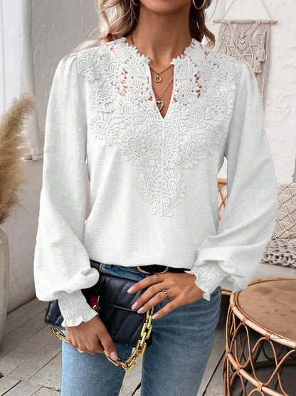 Women's Clothing 2024 Autumn Sexy V-neck Fashionable Lace Patchwork Polyester Solid Color Shirt Long Sleeved Shirt