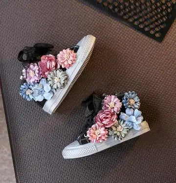 Beading Kids Shoes Autumn Children's Shoes Korean Flower Girls Canvas Shoes Casual Lace High Top Sneakers Sider Zipper