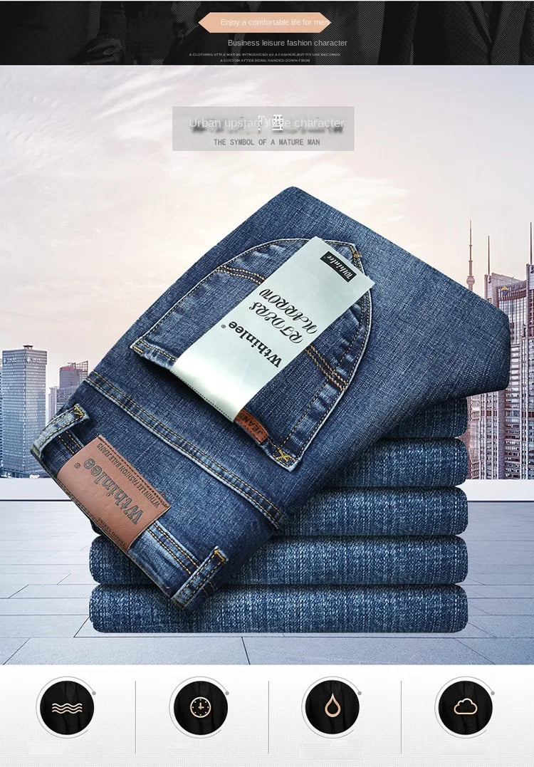 Top Brand Washed Jeans Trousers Four Season Men's High Quality Jeans Business Casual High Waist Denim Pants