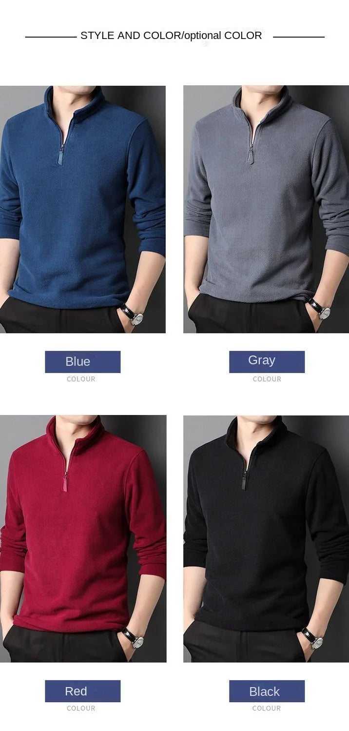 Autumn Winter Fleece Men T-Shirts Zipper Half High Neck Thicken Warm Casual New Male Clothes Long Sleeve Tops