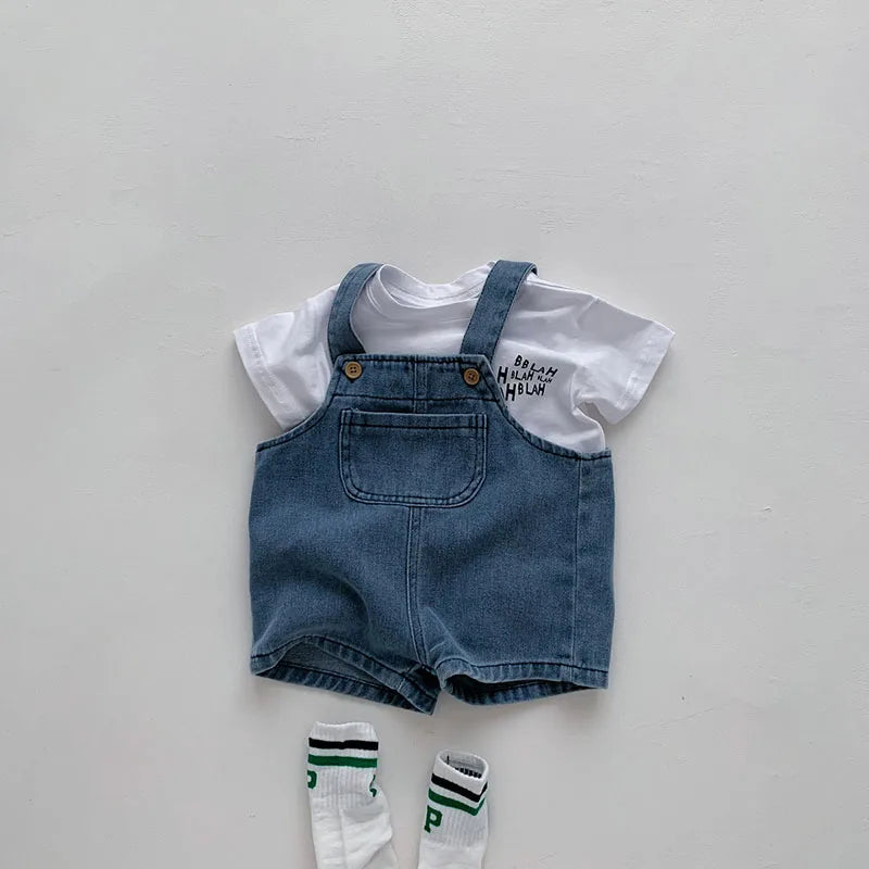 MILANCEL 2024 Summer Toddler Baby Clothing Set Girls T-shirt Suit Infant Solid Tee and Denim Overall Shorts Boys Outfit