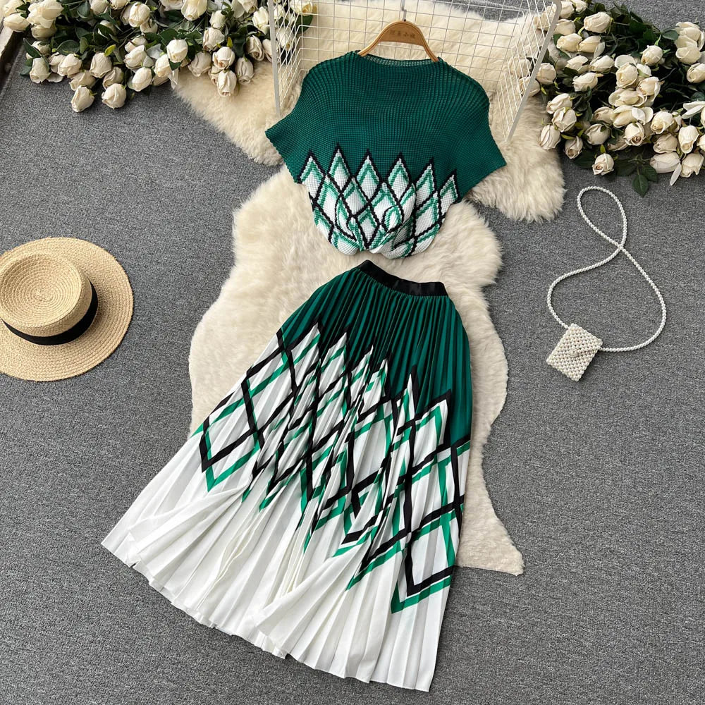 New Summer Runway Pleats Floral Print Two Piece Set Women Half High Collar Stretch Top+Elastic Waist Long Pleated Skirt Outfits