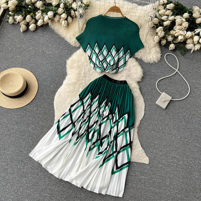 New Summer Runway Pleats Floral Print Two Piece Set Women Half High Collar Stretch Top+Elastic Waist Long Pleated Skirt Outfits