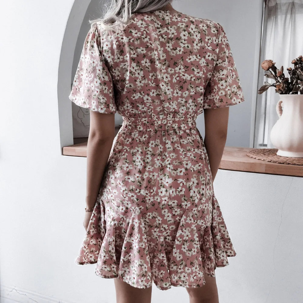 Summer 2024 new style women floral dress bubble sleeve French retro V-neck high-end chic design A-line skirt girls short dress