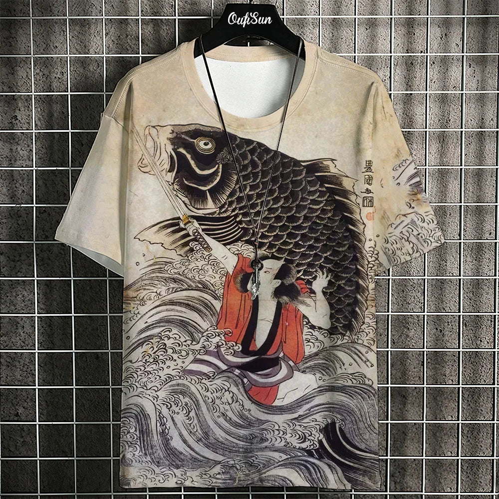 Ukiyo-E T-Shirt For Men Japanese Tshirts 3d Animal Fish Print Short Sleeve Tees Tops Casual Sweatshirt Men's Clothing S-4XL