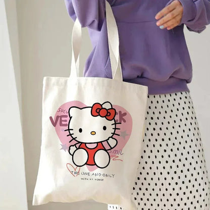 Hello Kitty Canvas Tote Bag Harajuku Y2k 90s Cartoon Girl Handbag Large Capacity Female Shoulder Bags Portable Travel Purse Gift