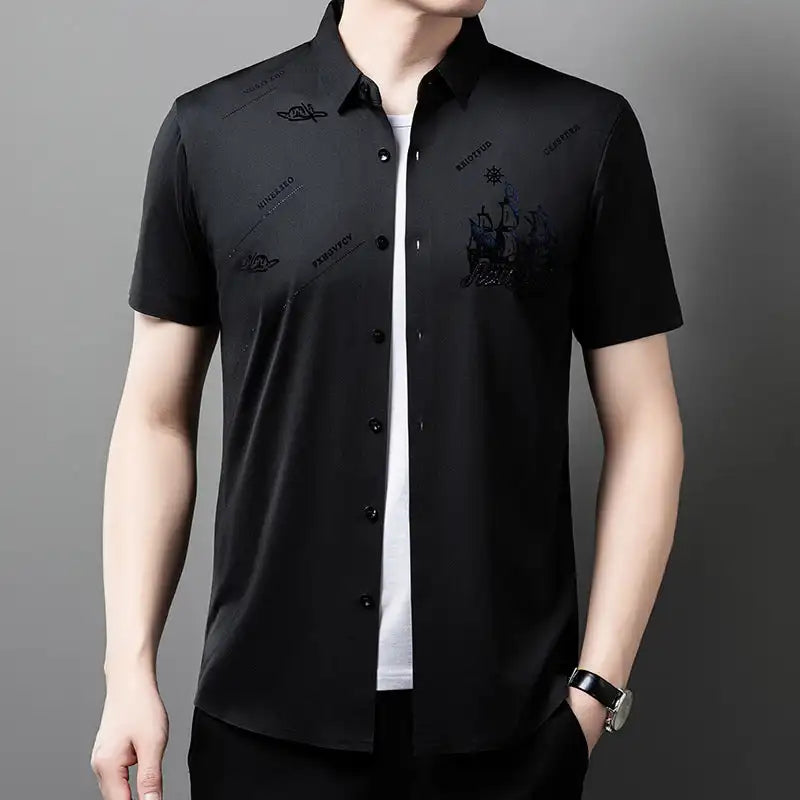 Men's Business Short Sleeves Button Down Shirt Printed High Elastic And Non Ironing Shirt High Level Business Casual Shirt