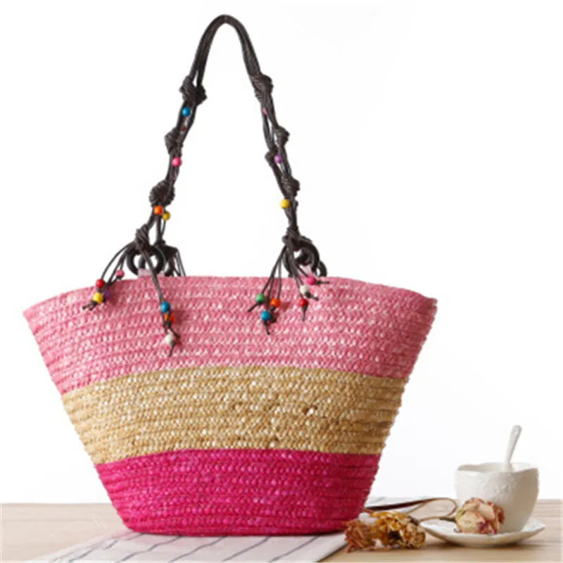 Women's New Bohemian Hand Embroidered Starfish Straw Woven Bag Beaded Handbags For Ladies Summer Handle Tote Shoulder Bag