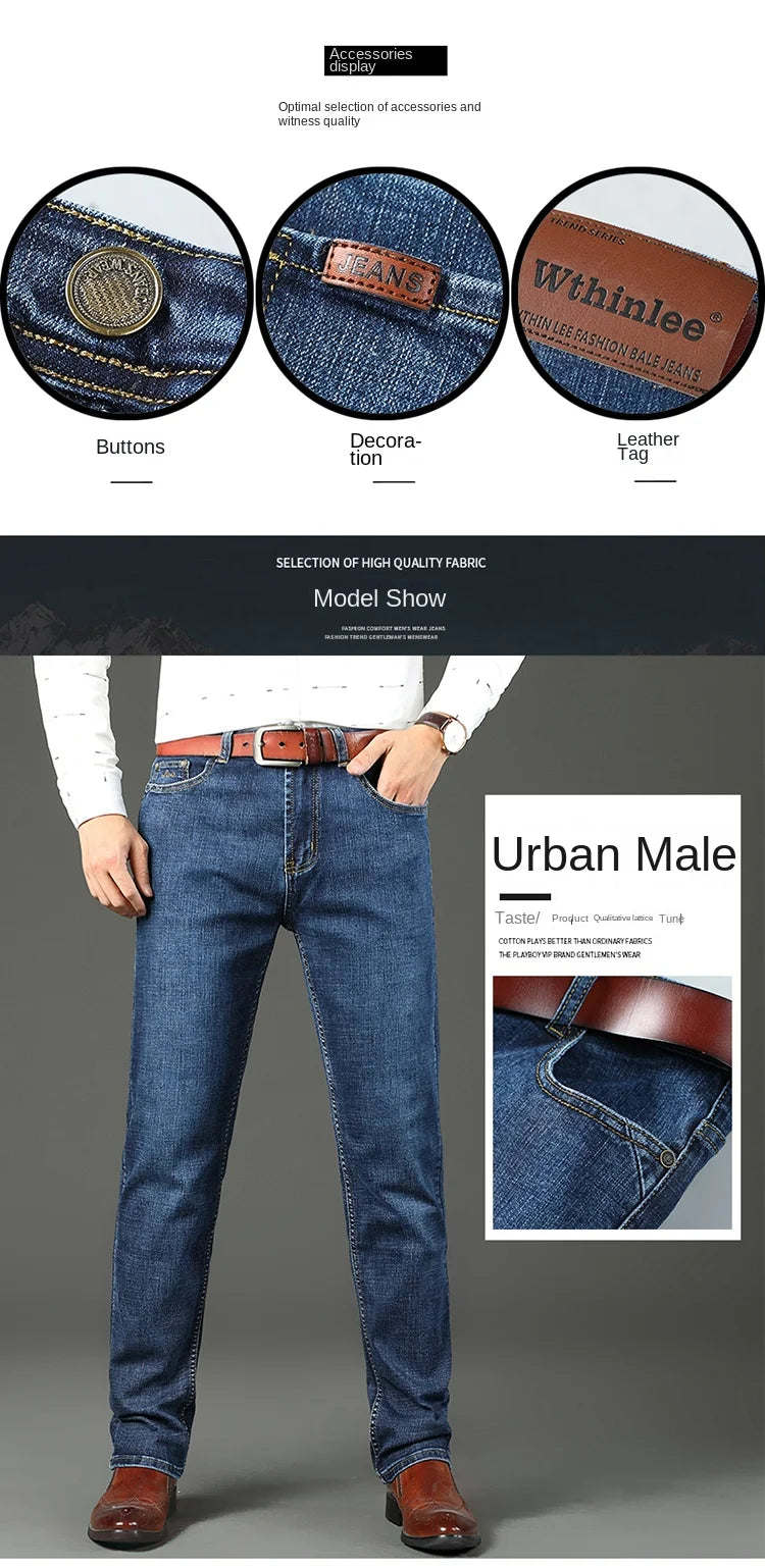 Top Brand Washed Jeans Trousers Four Season Men's High Quality Jeans Business Casual High Waist Denim Pants