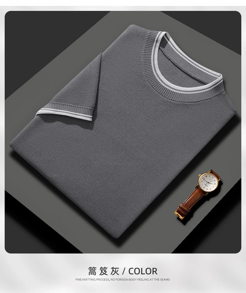 Summer New T-shirt Men's Round Neck Pullover Top Casual Knitted Mulberry Silk Short Sleeve Contrast Color Business Bottom Shirt