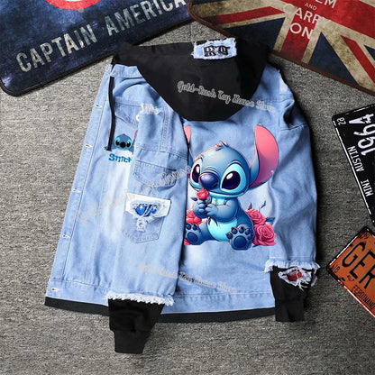 Lilo&stitch Hip Hop Men's Hooded Jean Jackets Women Outerwear Autumn Winter Coat Men Patchwork Denim Jacket Streetwear Clothes