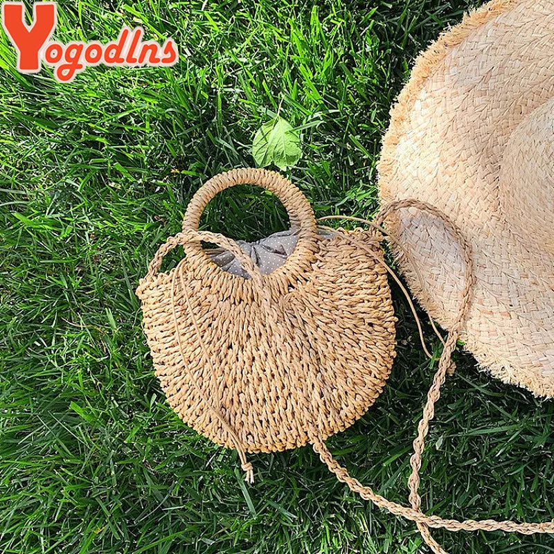 Yogodlns Handmade Half-Round Rattan Woven Straw Bag Summer Women Messenger Crossbody Bags Girls Small Beach Handbag New