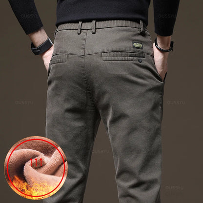 Brand Clothing Winter Fleece Warm Casual Pants Men Cotton Elastic Waist Brown Grey Twill Work Slim Flocking Cargo Trousers Male