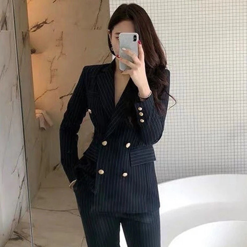 Women's Graceful Casual Blazer Long Pants 2 Piece Set Korean Elegant Stripe Button Coat High Waist Trousers Outfit Work Jacket