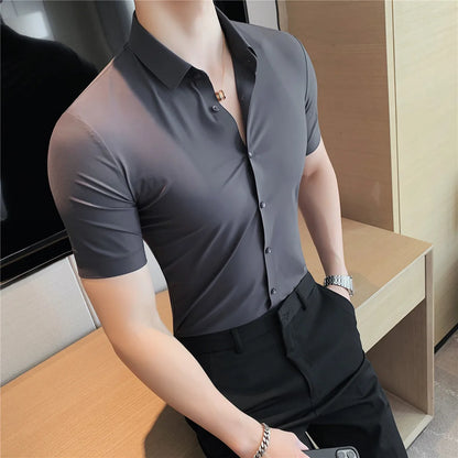 6colors High Quality New Solid High Elasticity Seamless Short Sleeve Shirts Men Slim Social Casual Business Formal Dress Shirt